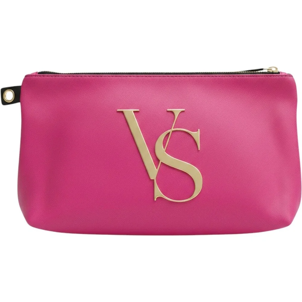 Victorias Secret PINK Hot Pink Saffiano Zip Pouch Gold VS Logo Makeup Bag Clutch